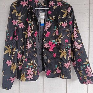 Notations XLg NWT Blazer  Cotton Black with Floral Washable  Summer